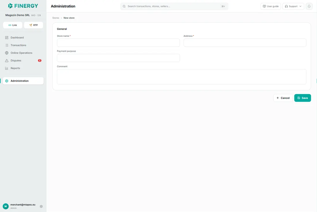 the New store page with the form and the Cancel / Save buttons.
