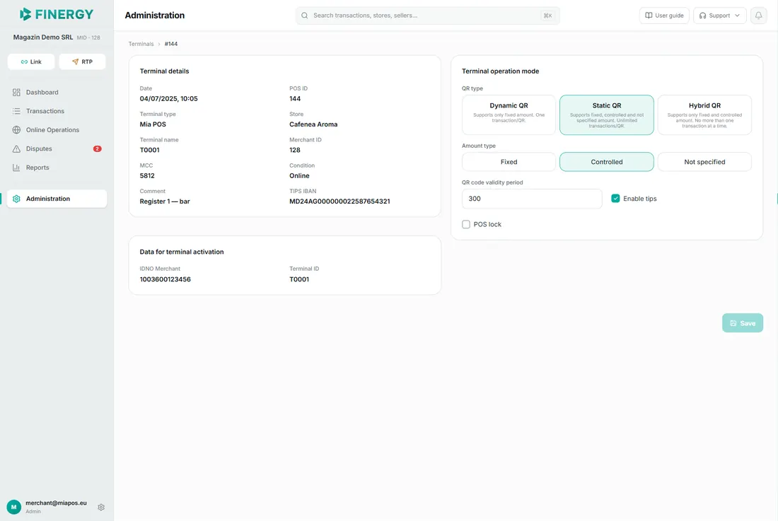 the terminal page with the read-only data on the left and the Terminal operation mode block (QR Type, Amount Type, duration, tips, POS Lock) on the right.