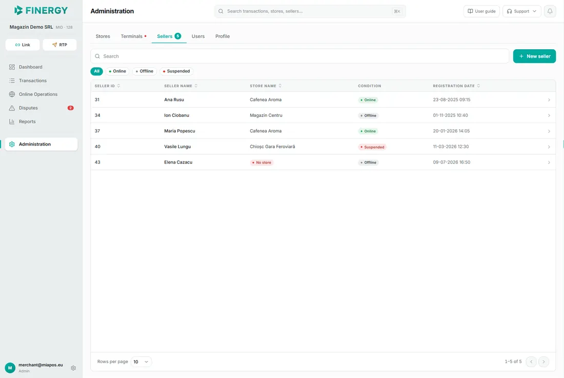 the Sellers tab with the table, the status filters, and the New seller button.