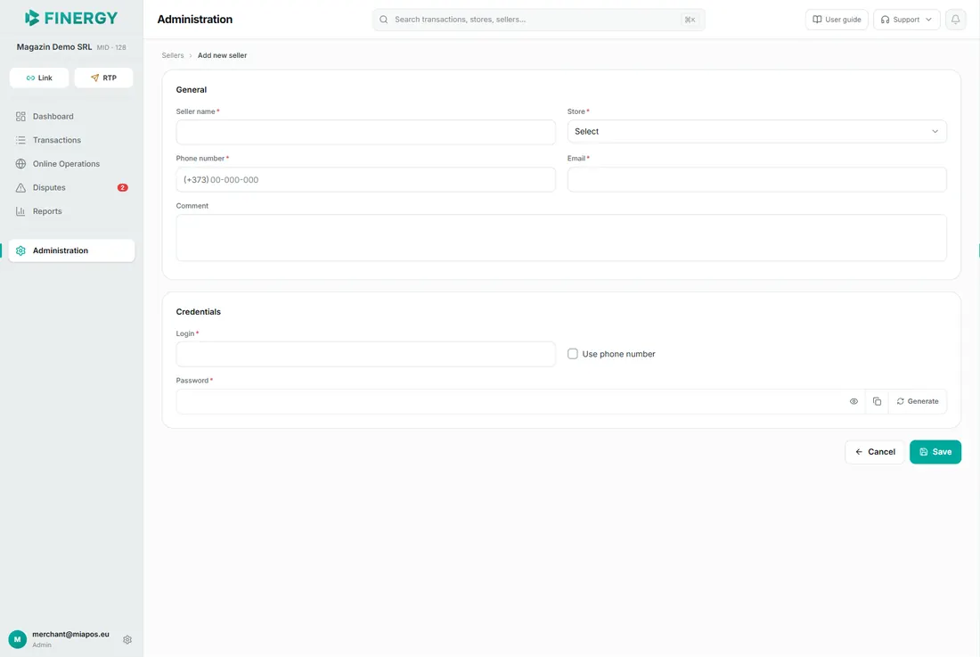 the New seller page with the General information and Credentials blocks.