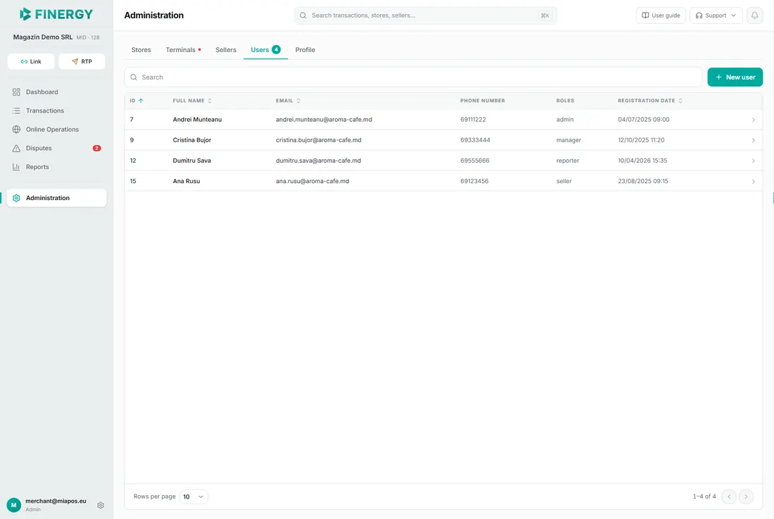 the Users tab with the table and the New user button.