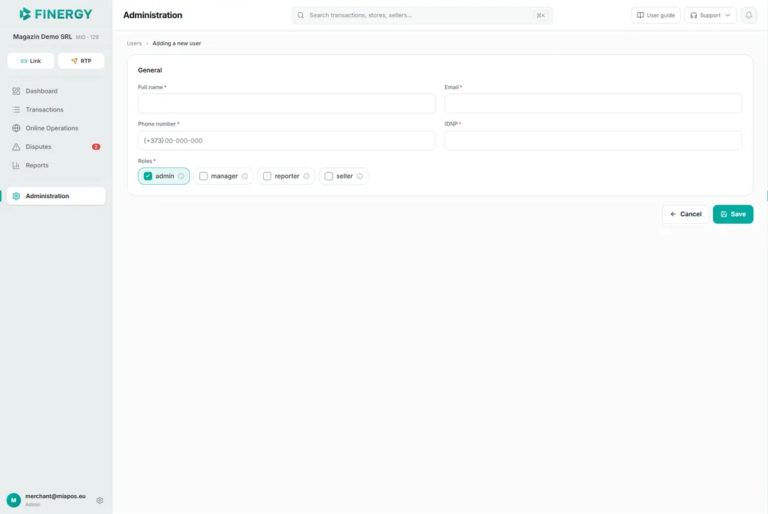 the Adding a new user page with the form and the roles block (at least one role checked).