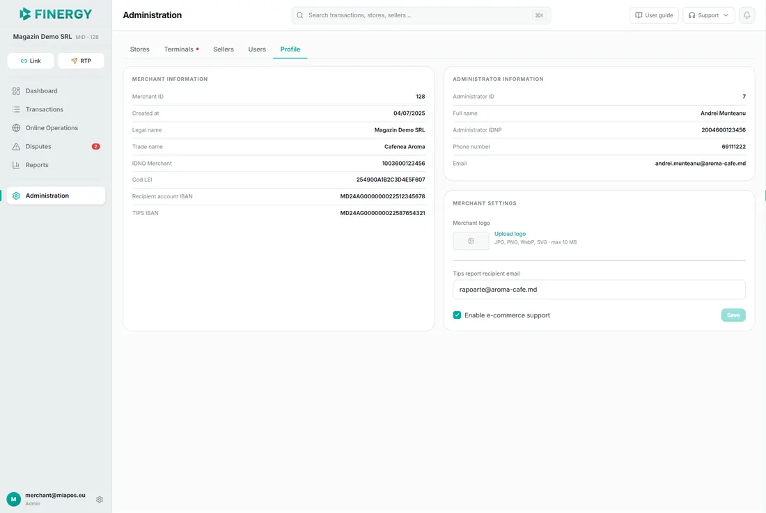 the Profile tab with the information blocks and the Merchant settings block (logo, tips email, e-commerce support).