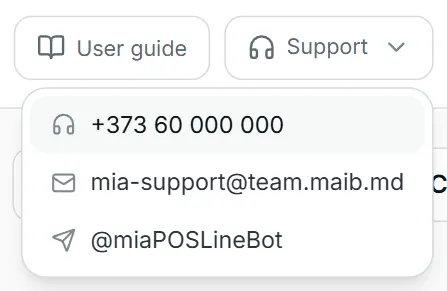 the Support menu open from the top bar, with the phone, email, and Telegram option.