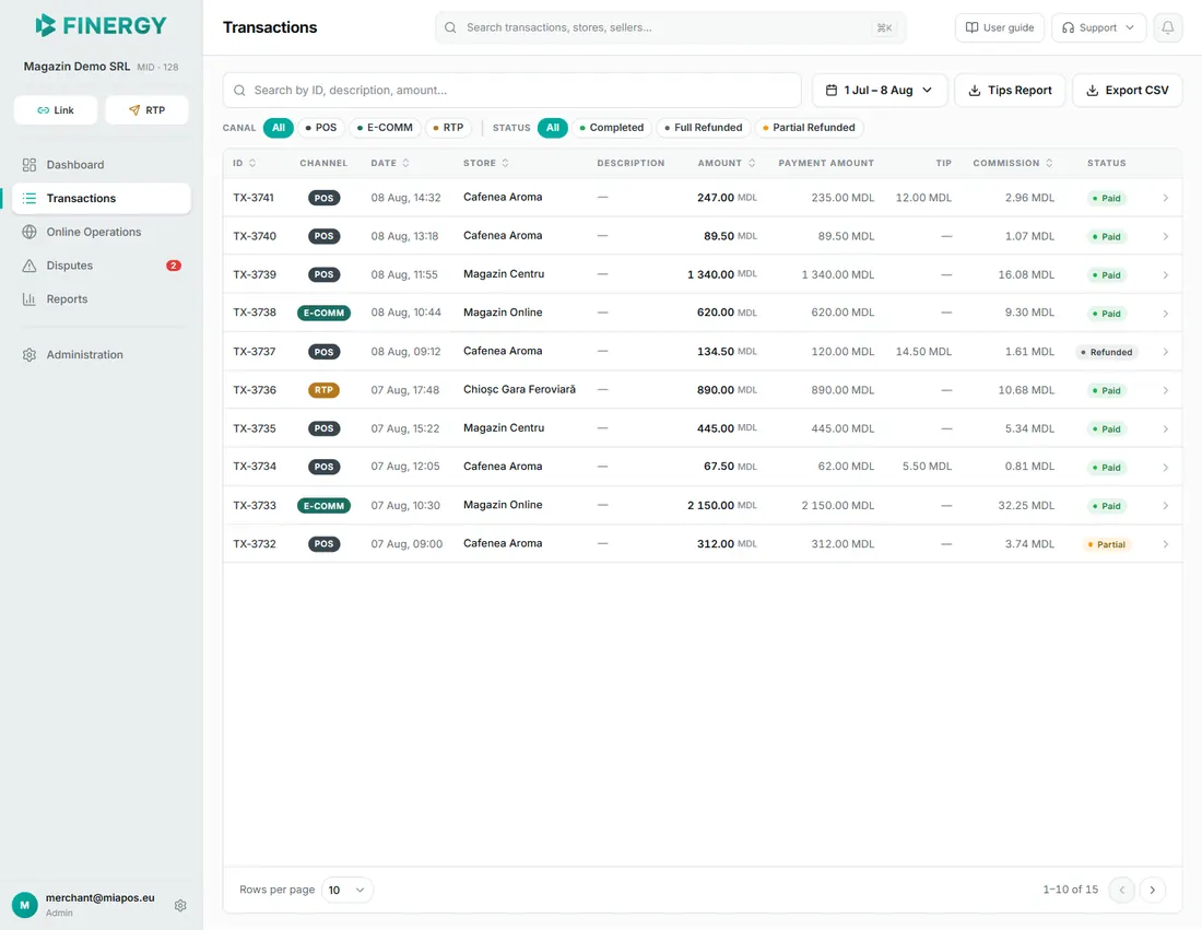 the portal right after signing in, on the Transactions page (sidebar + header + start of the table, not necessarily the whole table).
