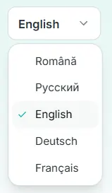 just the top-right area, with the language menu open and all 5 options visible — not the entire screen.