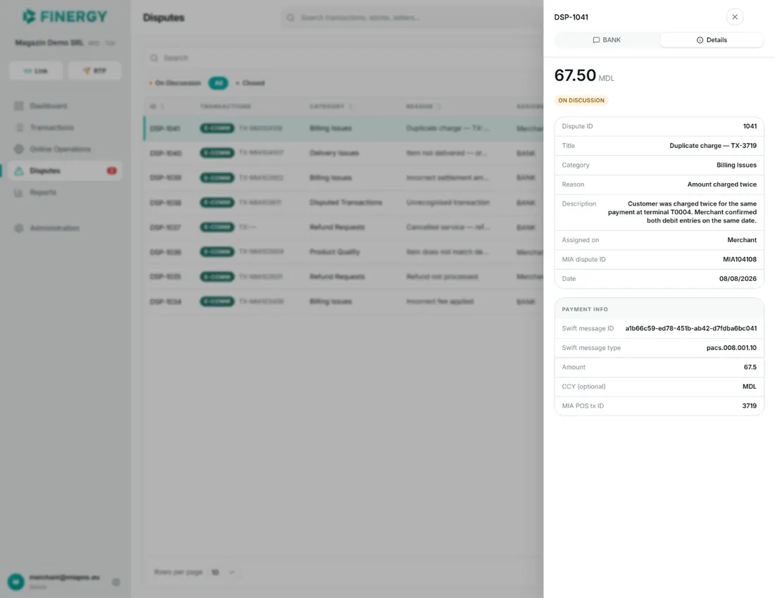 the details panel on the Details tab, with the amount, status, and the Payment info block.