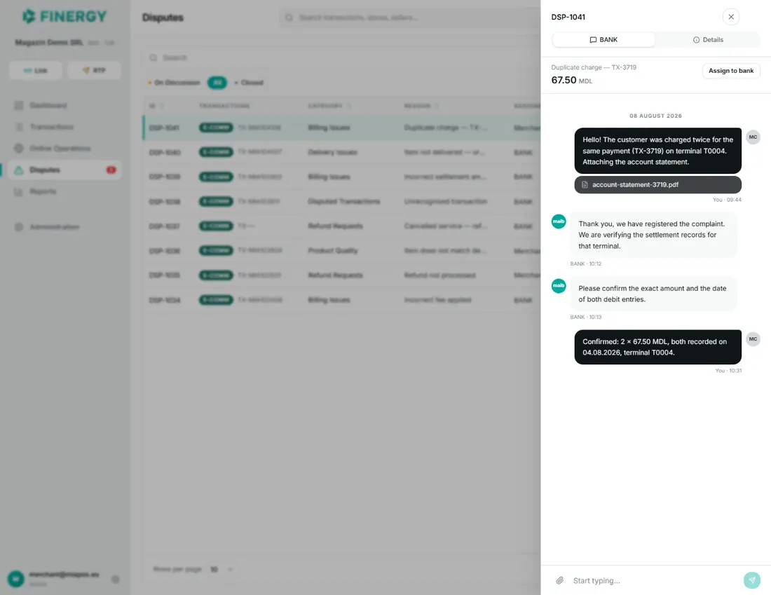 the BANK tab with a few messages from both sides, an attachment, and the active message field.