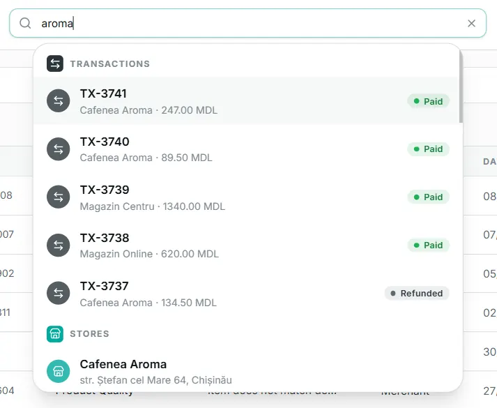 global search open, with results from multiple categories.