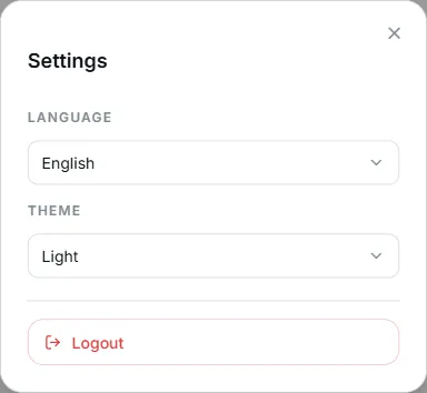 the Settings window with the language selector and the Light / Dark / Dusk themes.