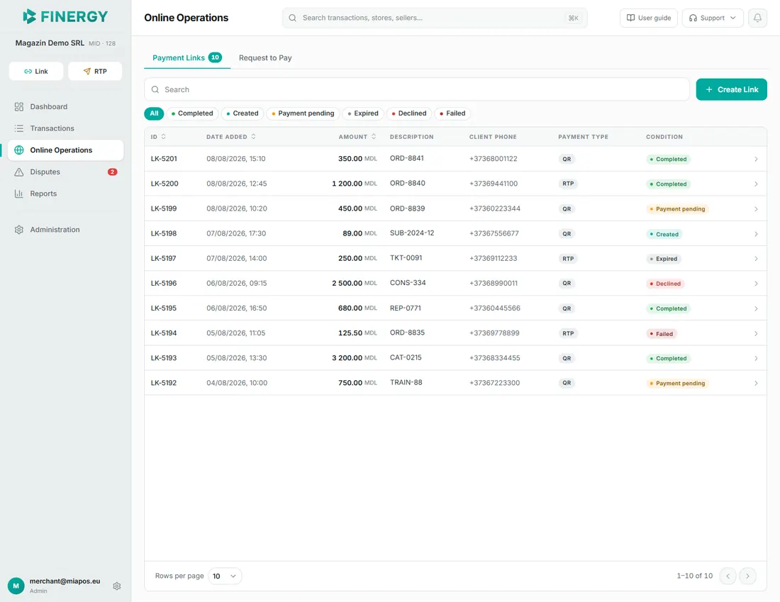 the Payment Links tab: the two tabs at the top, the search bar, the Create Link button, the status filters, and the links table.