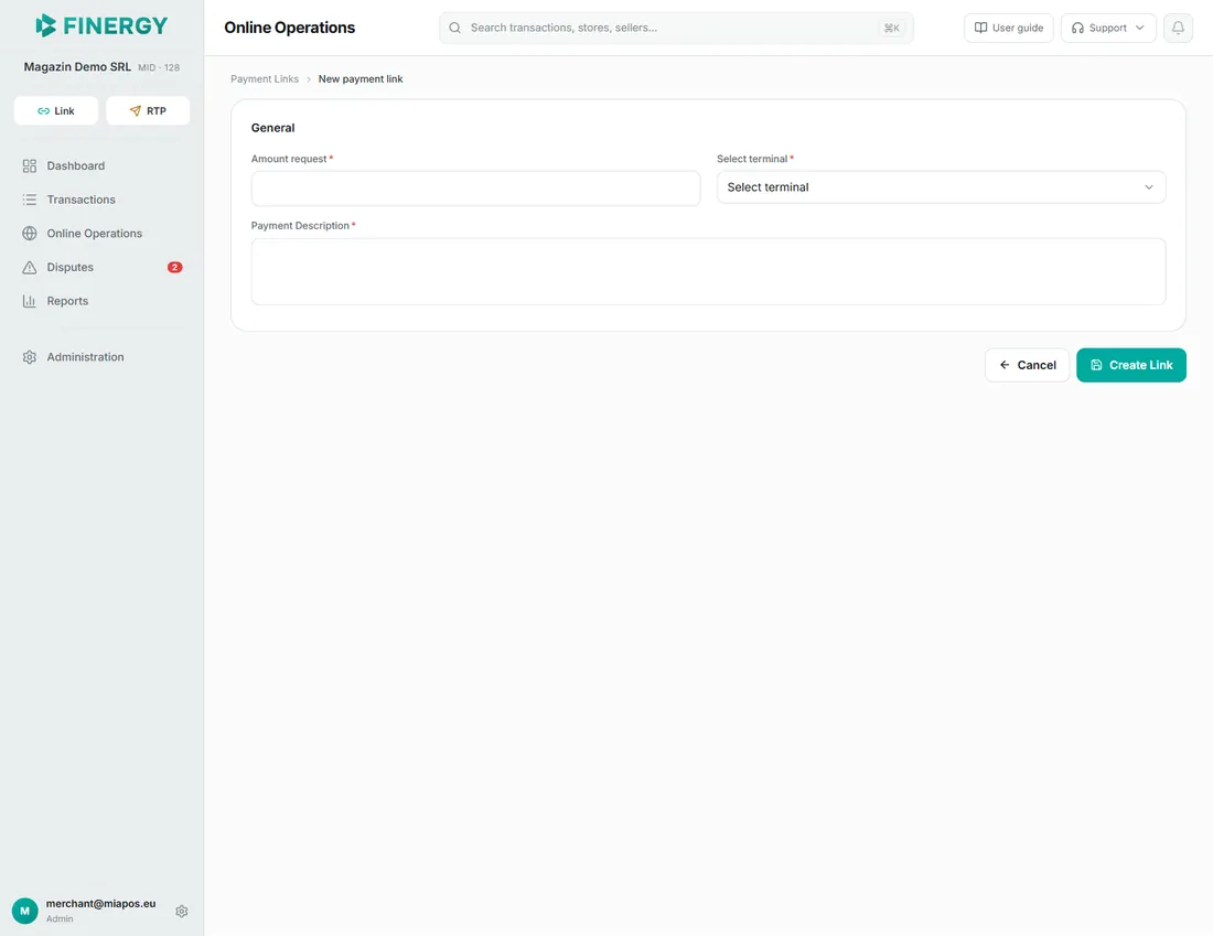 the New payment link page with the 3 fields and the Cancel / Create Link buttons.