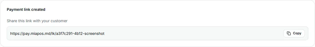 the Payment link created block, with the link shown and the Copy button.