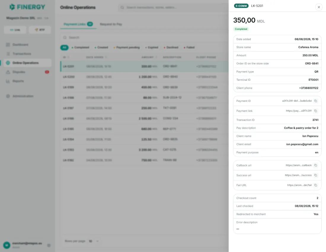 the details panel for a payment link, with the amount, status, and information cards.