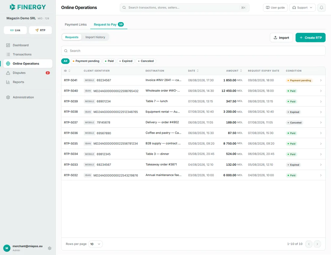 the Requests sub-tab: the Requests / Import history sub-tabs, the Import and Create RTP buttons, the status filters, and the requests table.