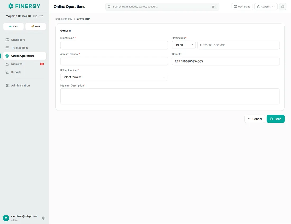the Create RTP page with the form and the Cancel / Send buttons.