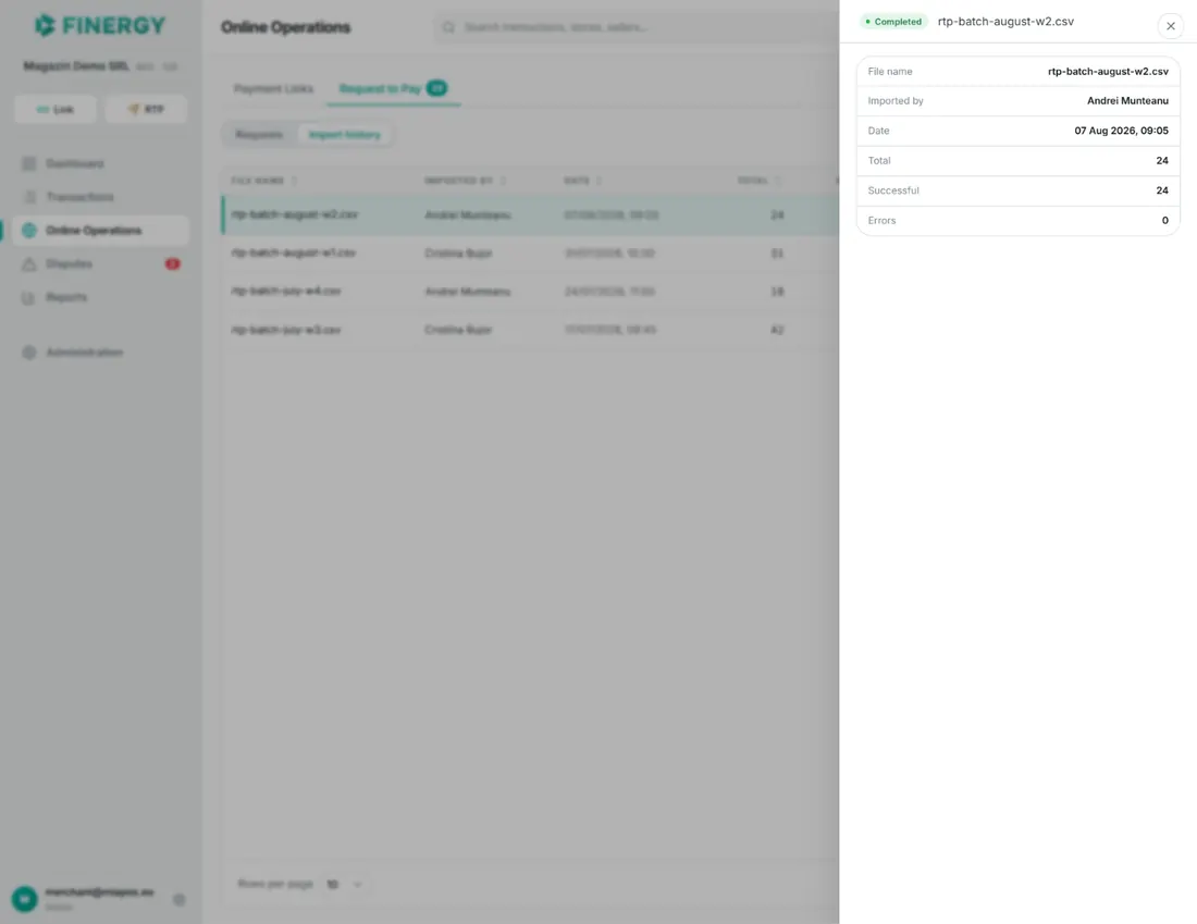 the Import history sub-tab with the imports table and the details panel open for an import with errors.