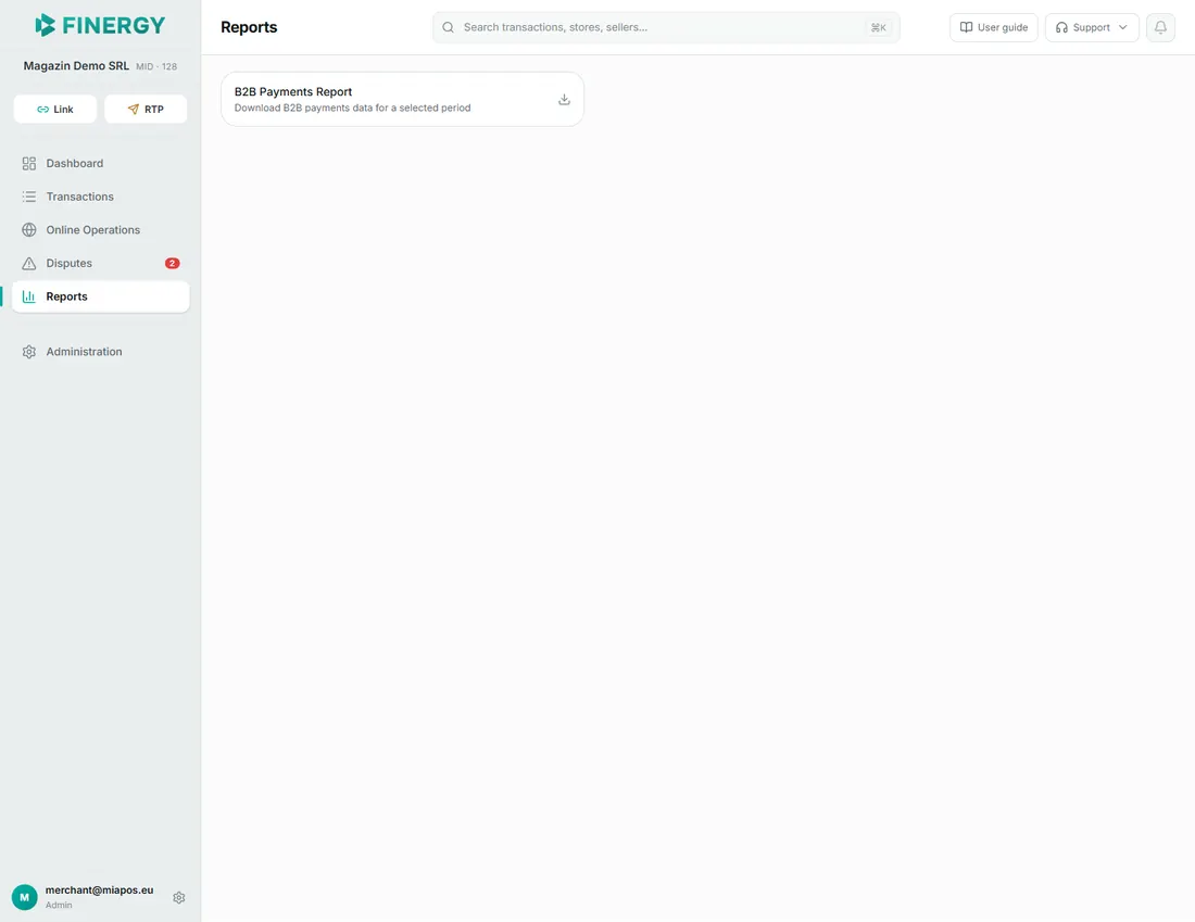 the Reports page with the B2B Payments Report card.