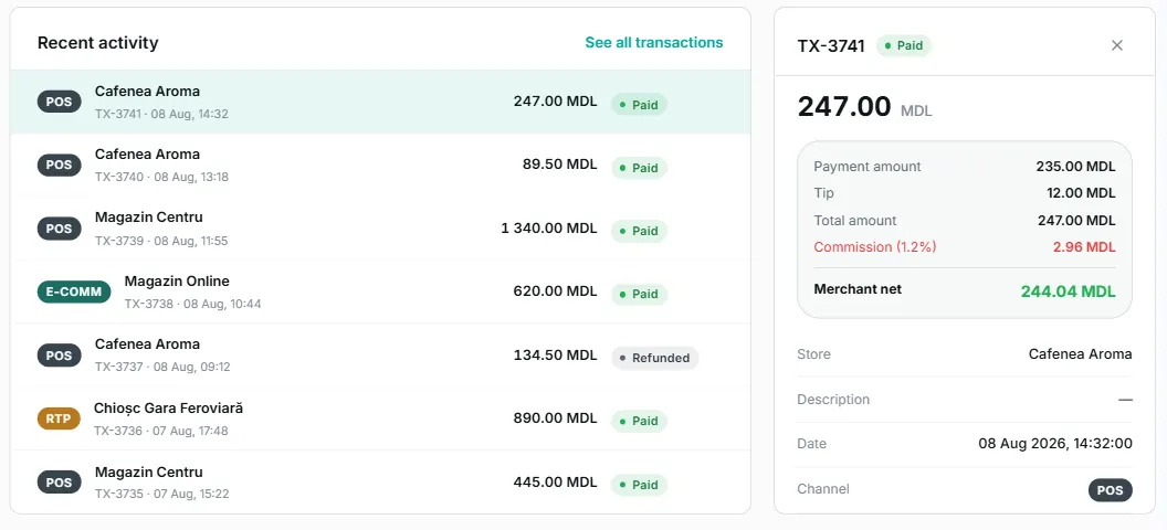 the recent activity list, with a transaction selected and the details panel open over the content.
