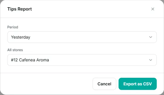 the Tips Report window, with the period selector and the store selector.