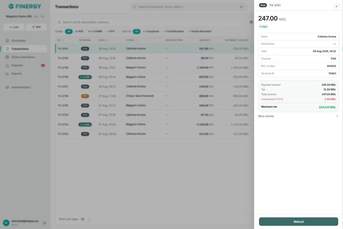 the details panel open over the list: the amount, the status, the information card, and the amount breakdown.
