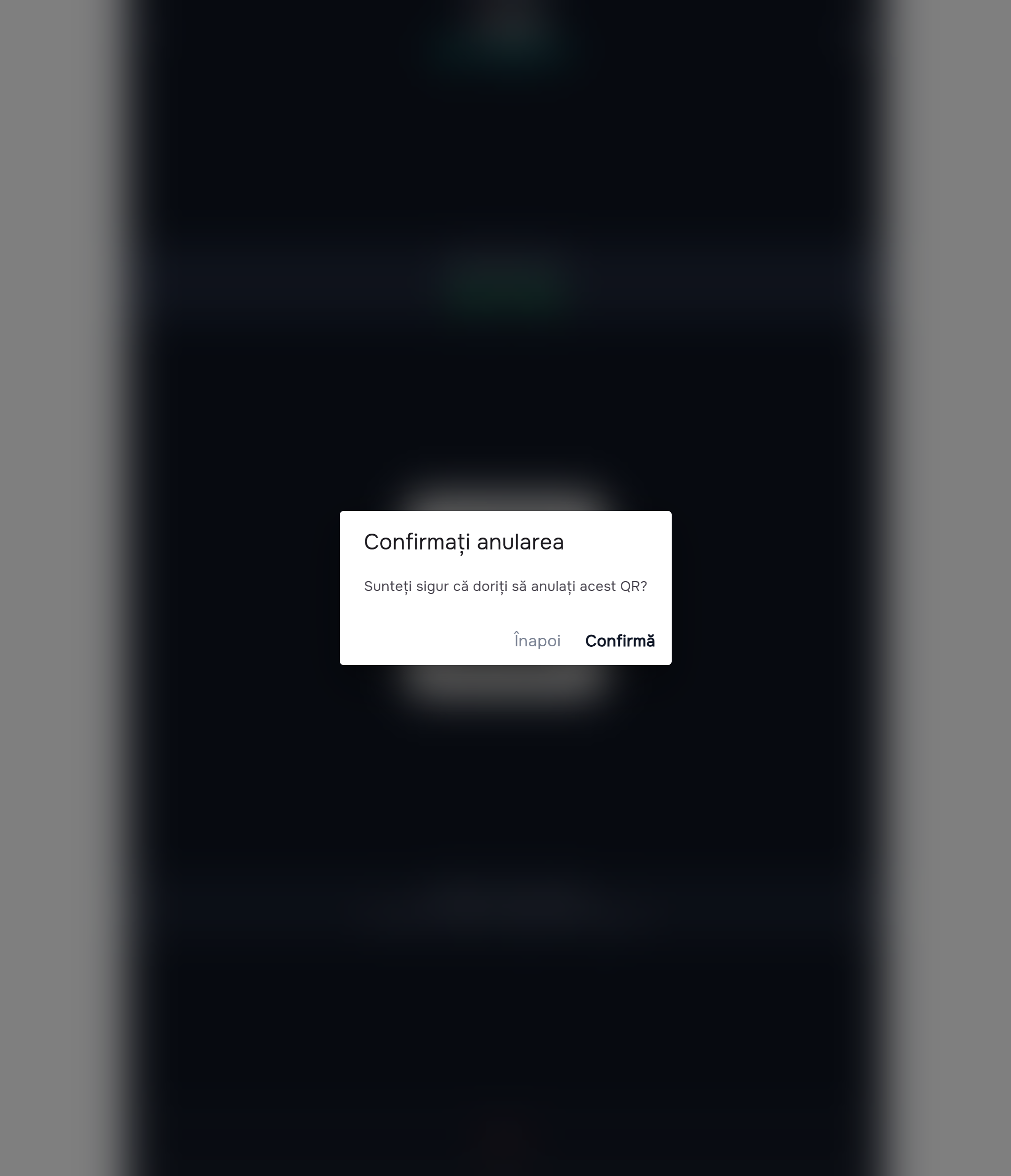 Modal “Confirm cancellation — Are you sure you want to cancel this QR?”