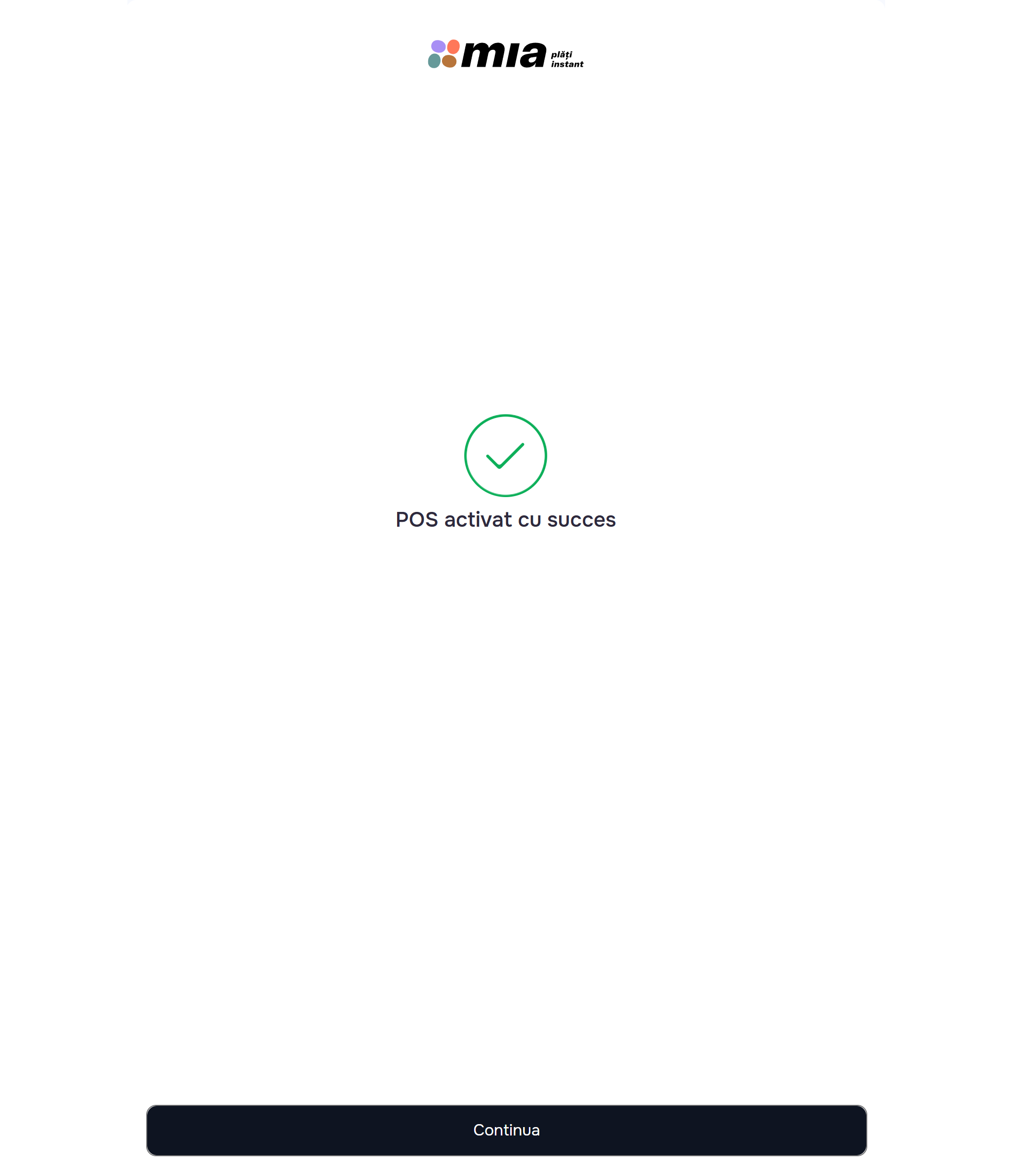 “POS activated successfully” screen + Continue