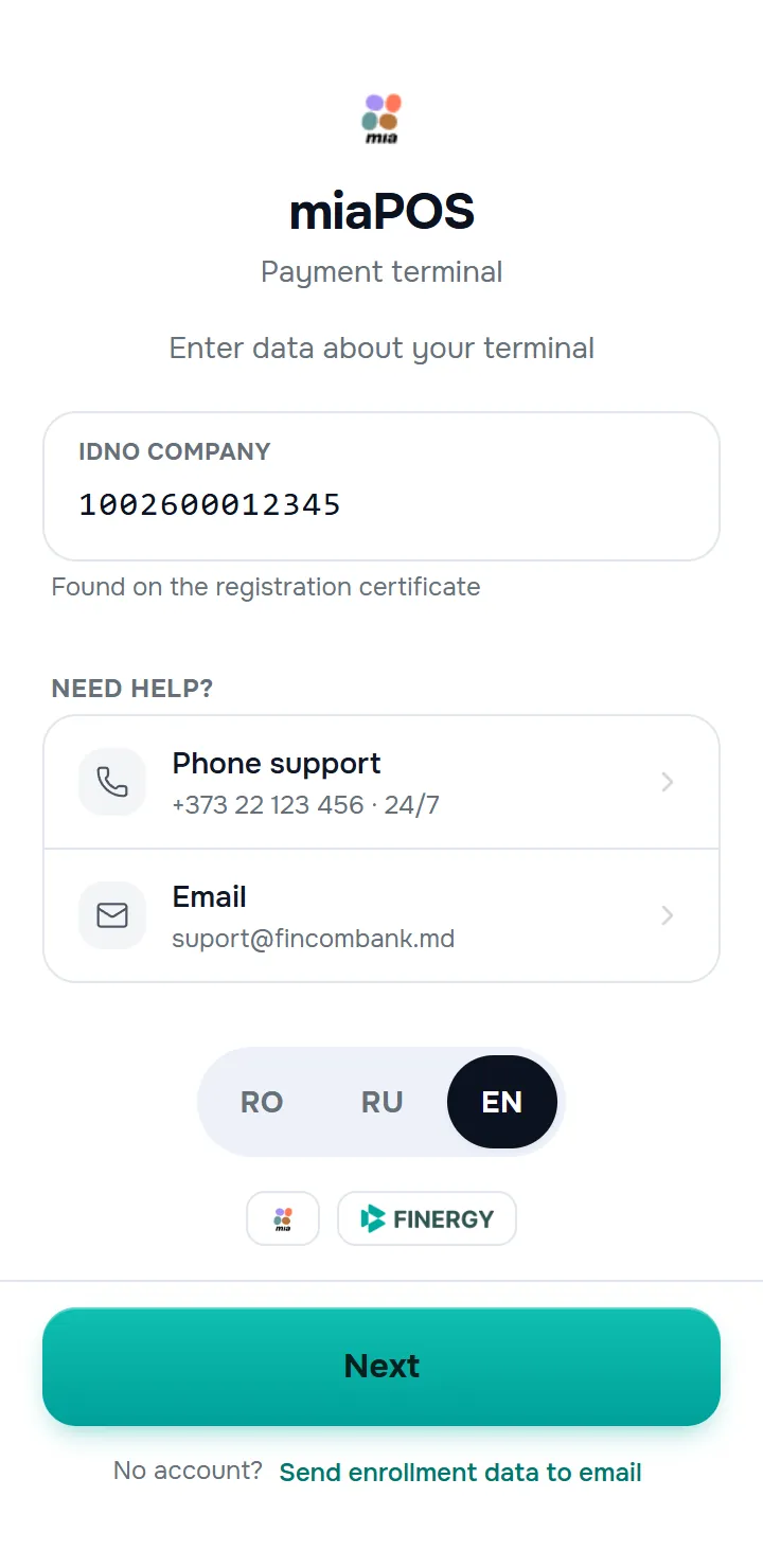 the activation screen with the “IDNO company” field filled in, the hint “Found on the registration certificate”, the “Next” button at the bottom.