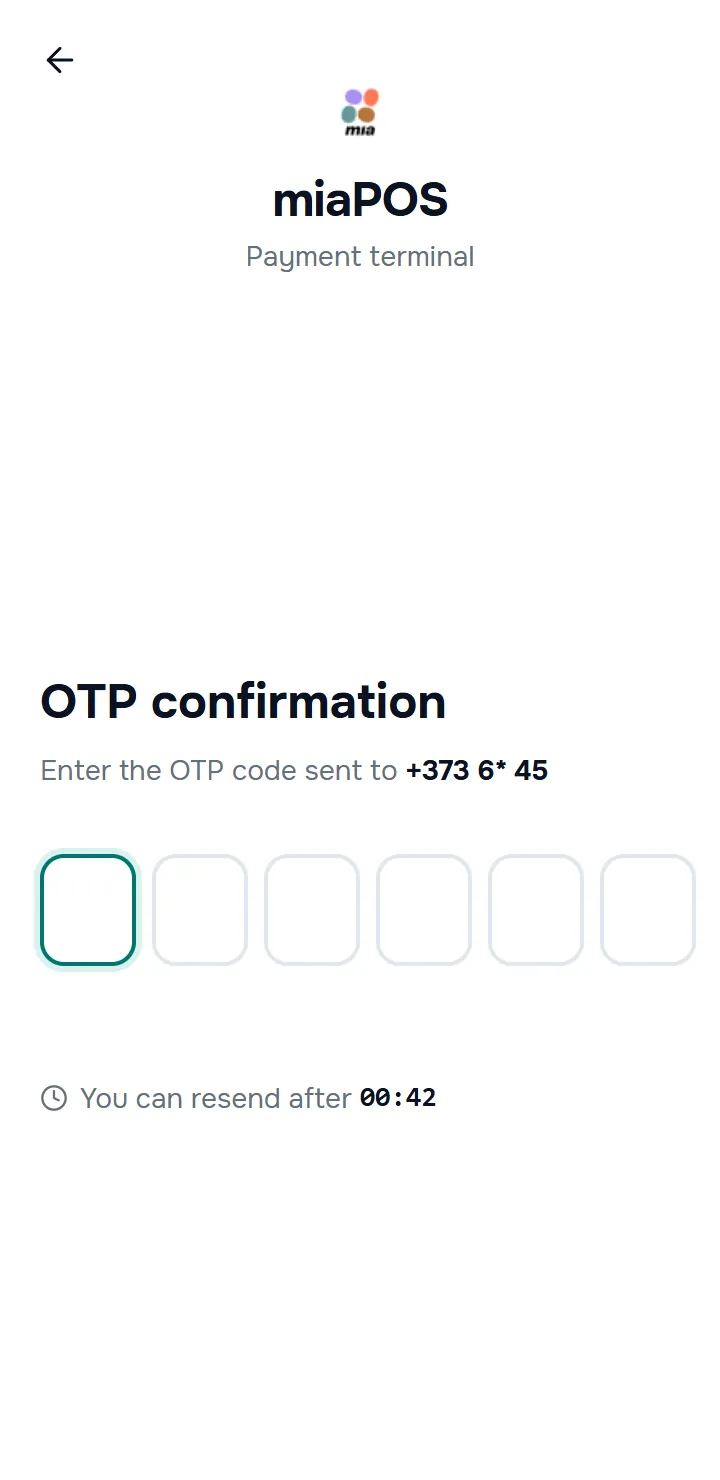 the “OTP confirmation” screen with the 6 empty boxes and the text “Enter the OTP code sent to” with the masked number.