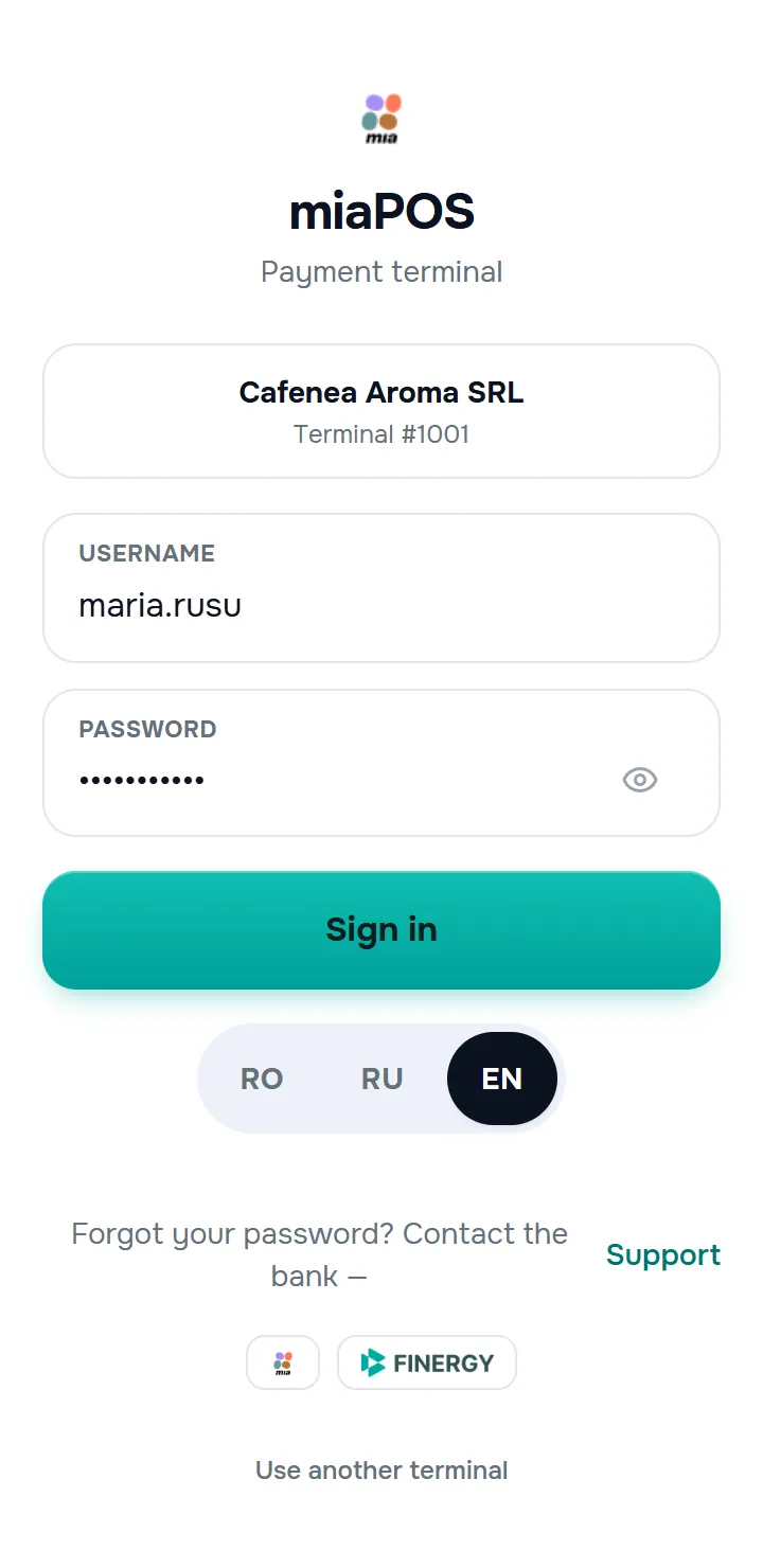 the sign-in form with the “Username” and “Password” fields, the badge with the point of sale and “Terminal #…” above it, the “Sign in” button.