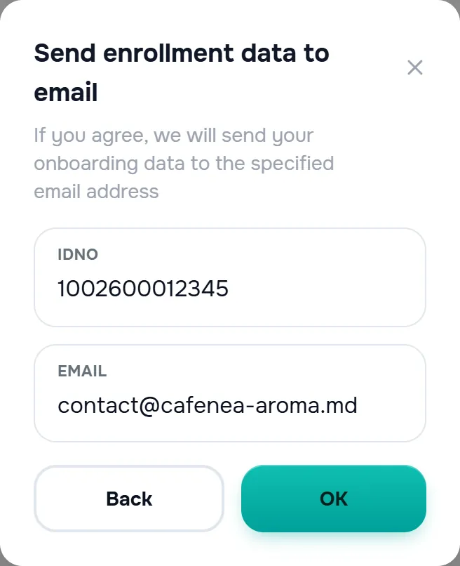 the “Send enrollment data to email” window with the IDNO and Email fields, the “Back” / “OK” buttons.