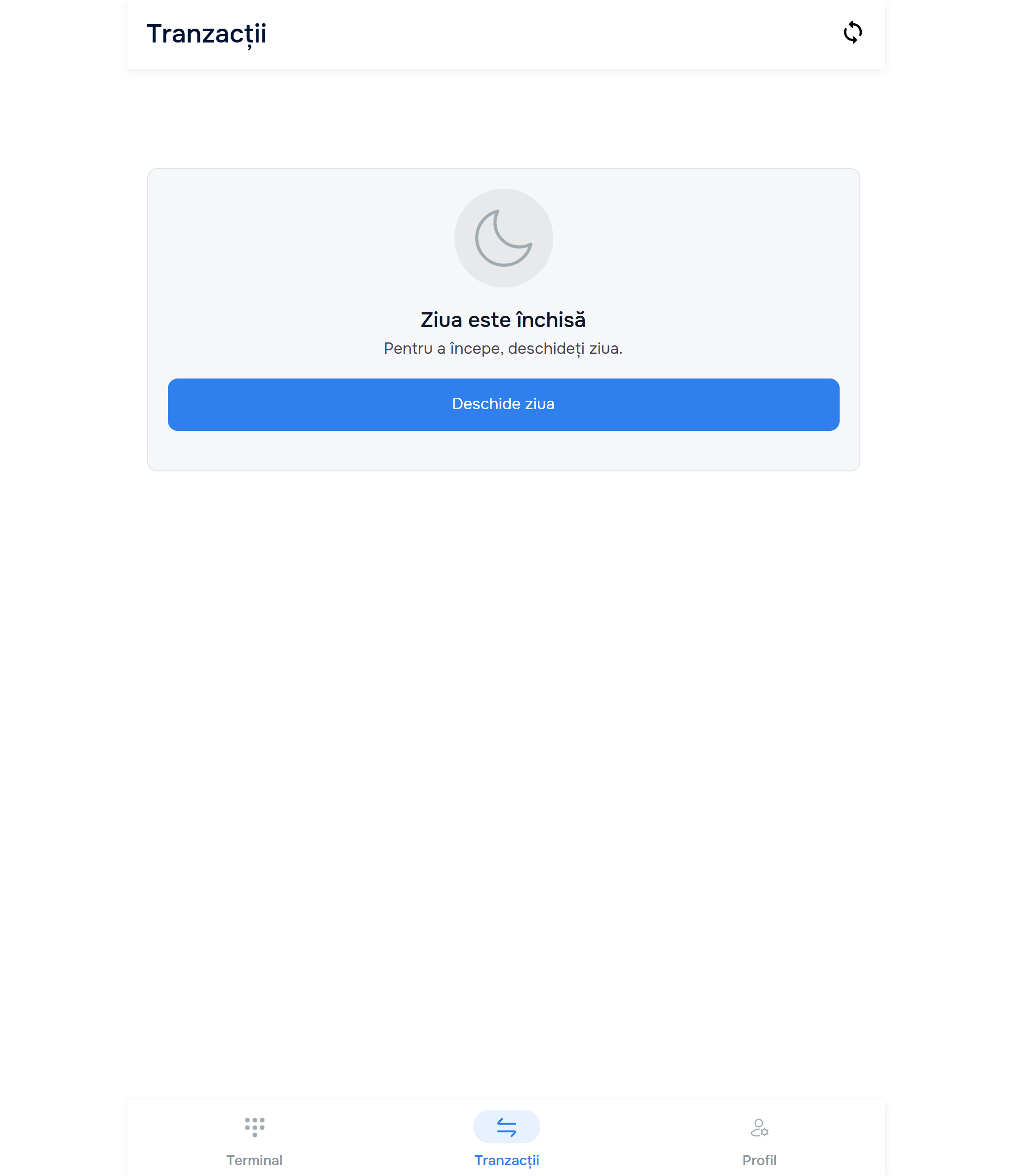 Transactions tab with “Day is closed” indicator + Open day