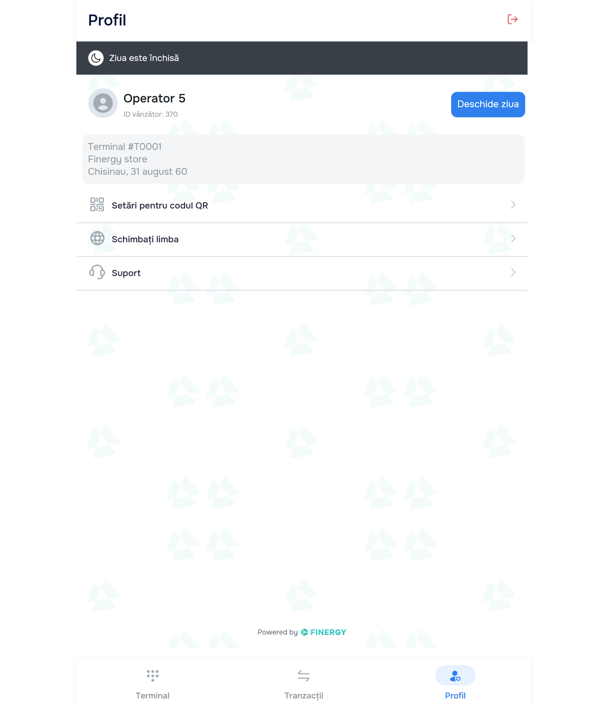 Profile with “Day is closed” banner + Open day button