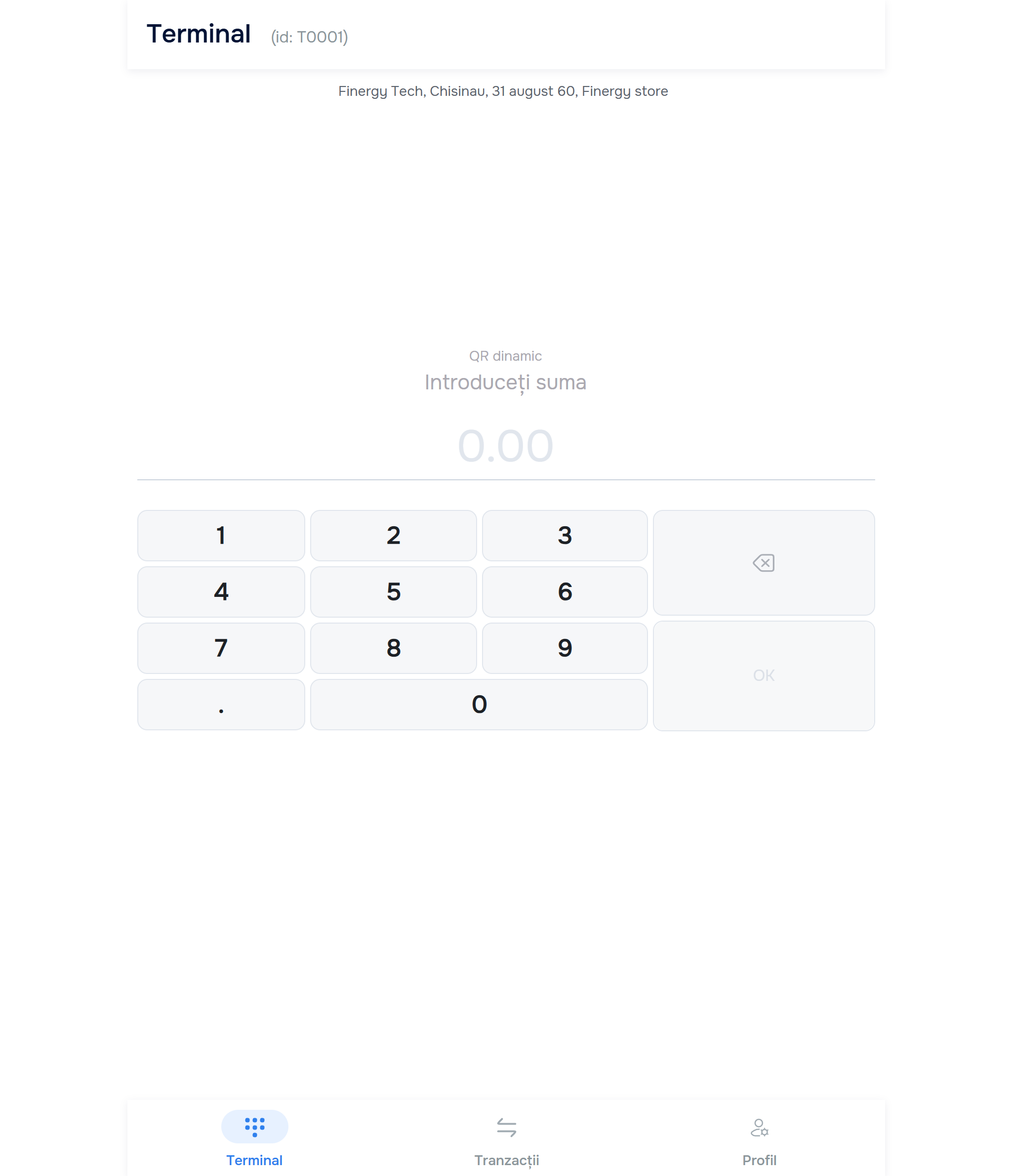 Terminal tab — keypad “Enter amount” dynamic QR