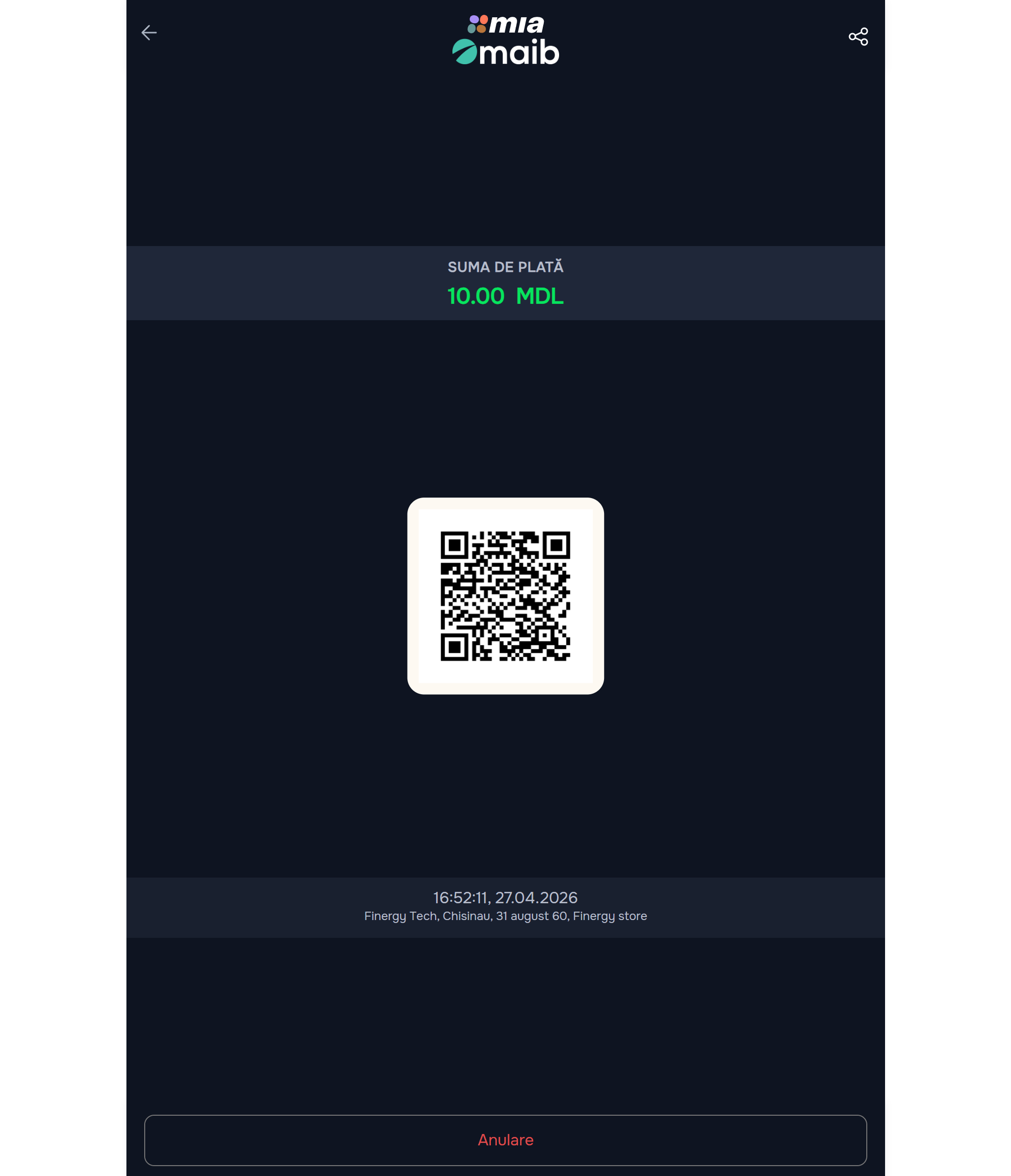 Generated 10.00 MDL payment QR with MIA + MAIB logos + Cancel button