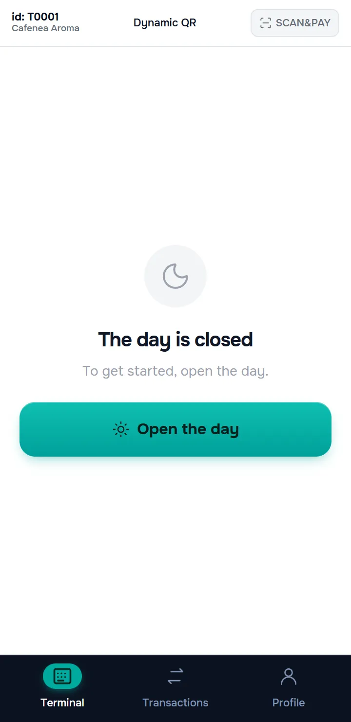 the Terminal screen with the day closed — the moon icon, “The day is closed”, the “Open the day” button.