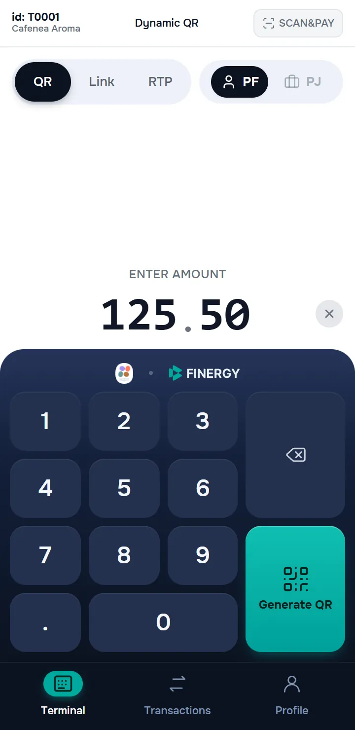 the Terminal screen with an amount entered (e.g. 125.50), the cursor between digits, the dark numeric keypad and the “Generate QR” button.