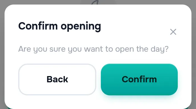 the open-day confirmation window with the Back and Confirm buttons.