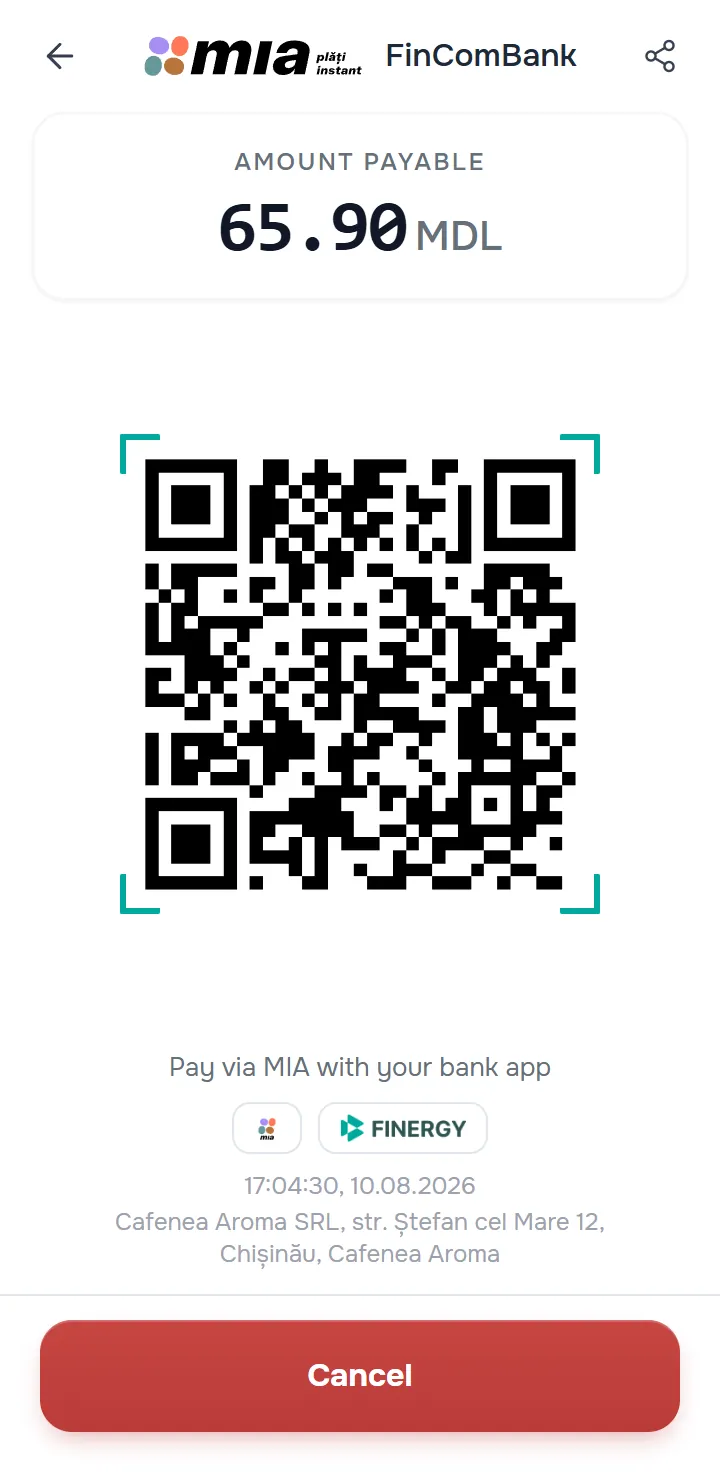 the QR code screen — “Amount payable” with the amount, the QR code, the text “Pay via MIA with your bank app”, the buttons at the bottom.
