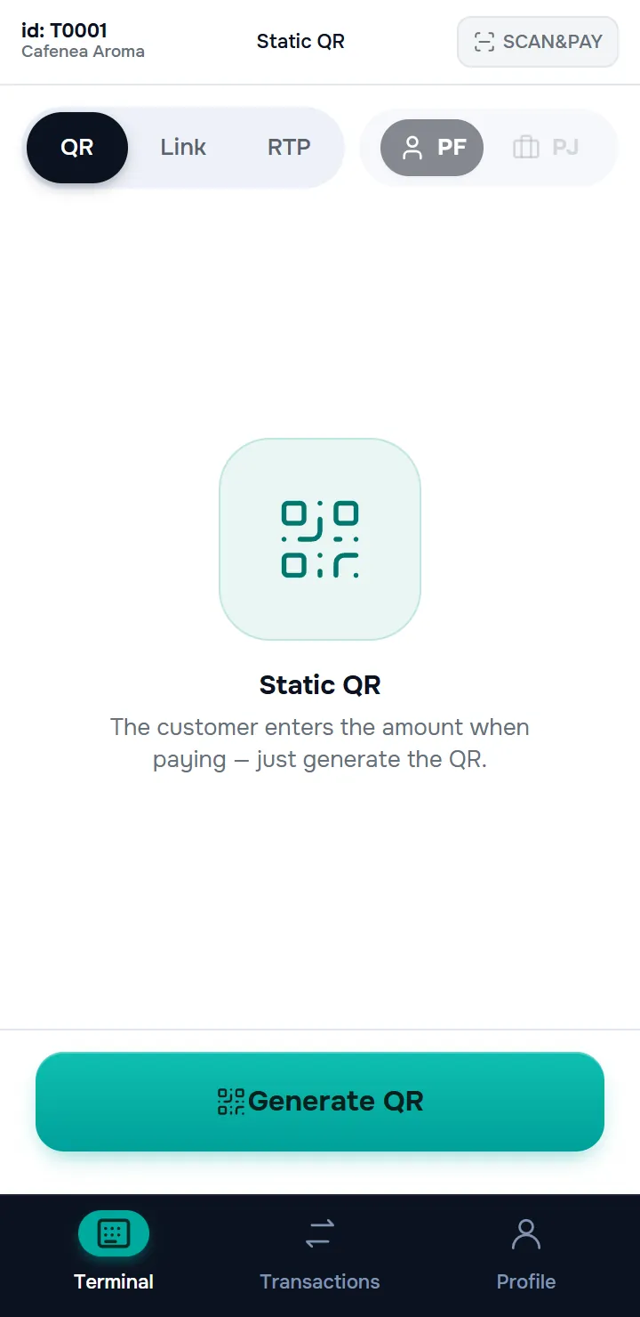 the Terminal screen on a static QR with a not specified amount — the illustration, “Static QR”, the explanation “The customer enters the amount when paying — just generate the QR.” and the “Generate QR” button.