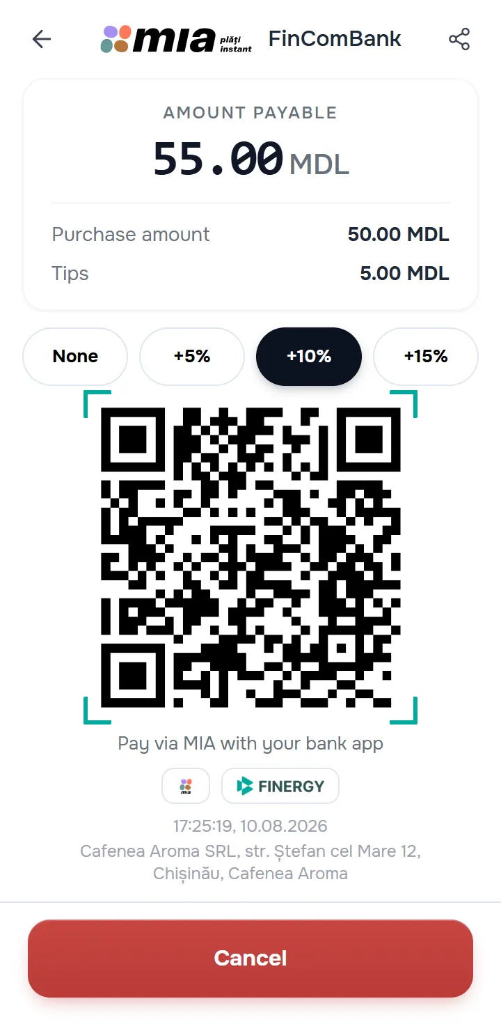 the QR screen with tips enabled — the “Purchase amount” and “Tips” rows, the None / +5% / +10% / +15% chips.