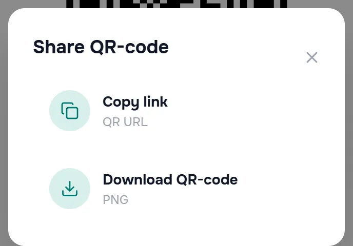 the “Share QR-code” window — the “Copy link” and “Download QR-code” buttons.