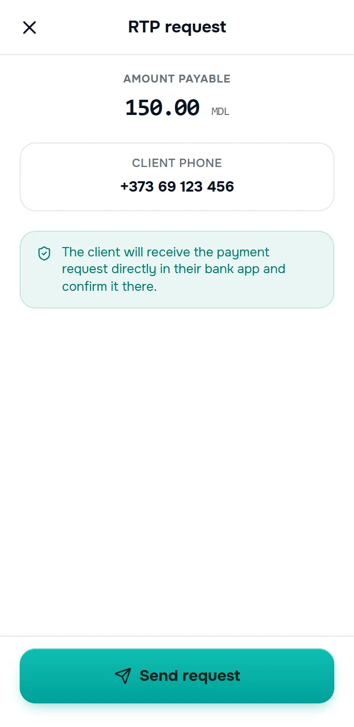 the “RTP request” screen — the amount to pay, the “Client phone or IBAN” field with a number typed in (the +373 prefix appeared automatically), the info panel, the “Send request” button.