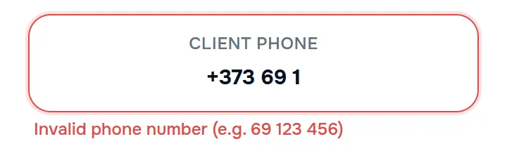the recipient field with a red border and the error message with an example, after tapping “Send request” with an incomplete number.