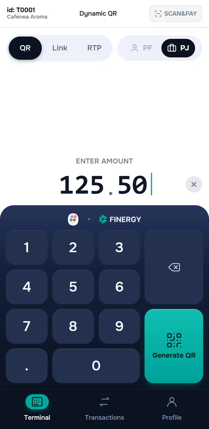the Terminal screen on a dynamic QR with the PJ switch selected, the rest of the screen as usual.
