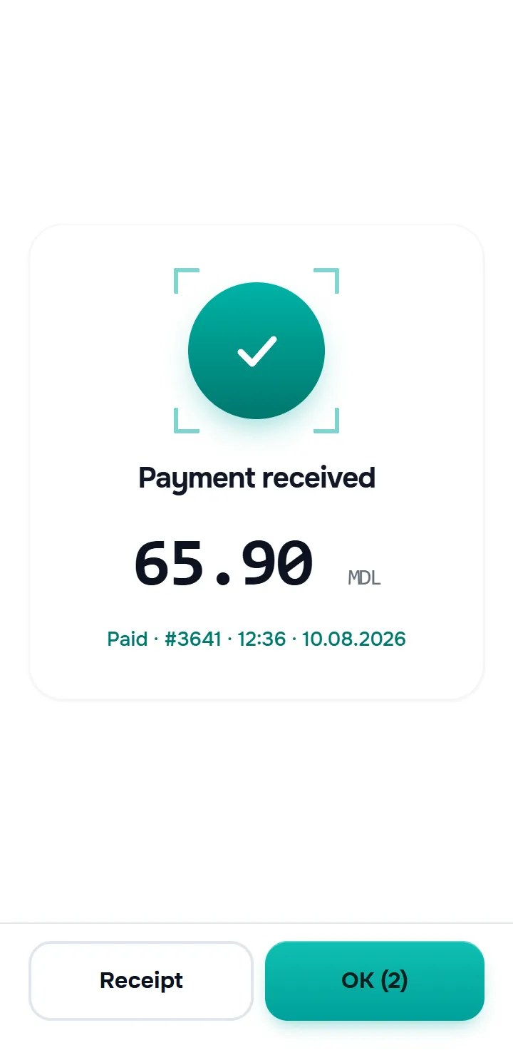 the green “Payment received” screen with the amount, the “Paid · #id · time · date” row and the “Receipt” / “OK” buttons.