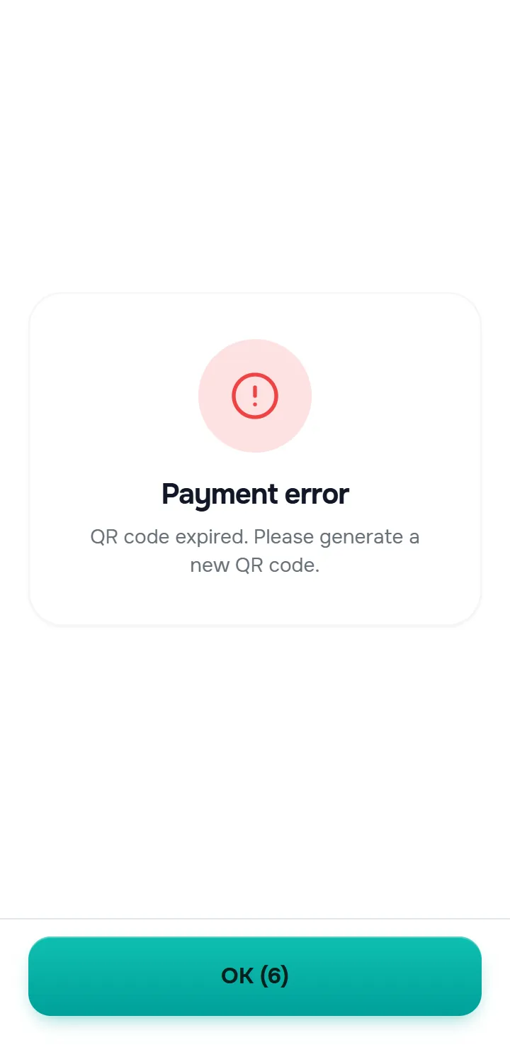 the “Payment error” screen — the red icon, the error description (e.g. QR expired), the amount and the “OK” button.