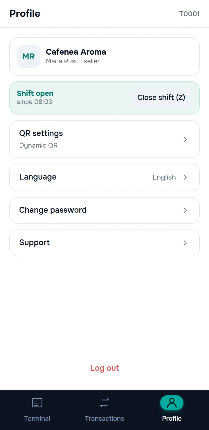 the Profile screen — the card with the point of sale and the seller, the shift card with “Shift open / since …” and the “Close shift (Z)” button, the QR settings / Language / Change password / Support rows, the red “Log out” button.