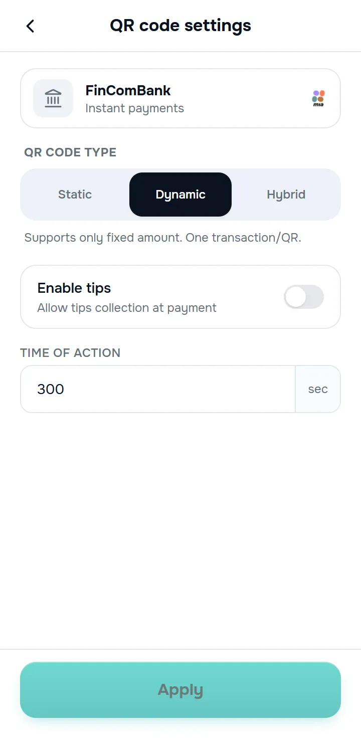 the “QR code settings” screen — the Static/Dynamic/Hybrid selector, the amount type, the “Enable tips” card with the toggle, the “Time of action” field, the “Apply” button.