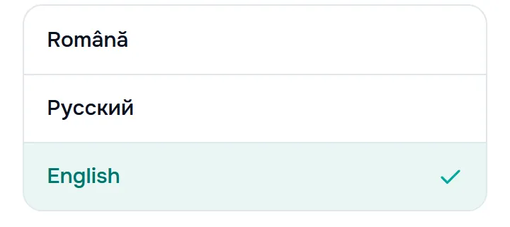 the “Language settings” screen with the three languages, the active one checked with a turquoise accent.